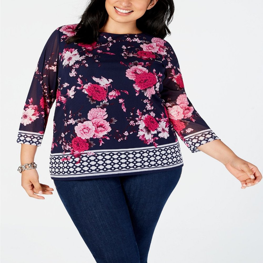 Charter Club Plus Size 0X Border-Print Top Retail 64.50